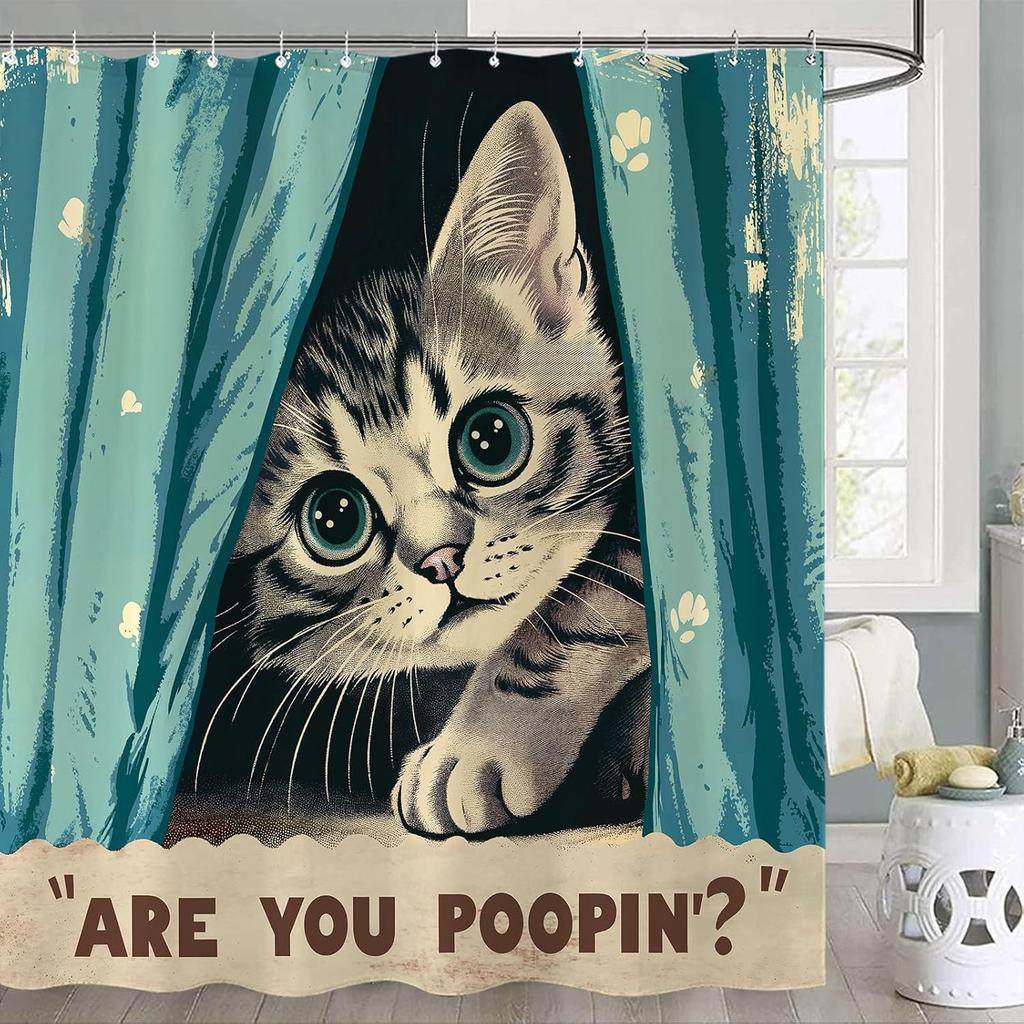 Funny Cat Shower Curtain Set Great Wave Art Style Relaxing Feline Waterproof Bathroom Shower Curtain Japanese Scene Home