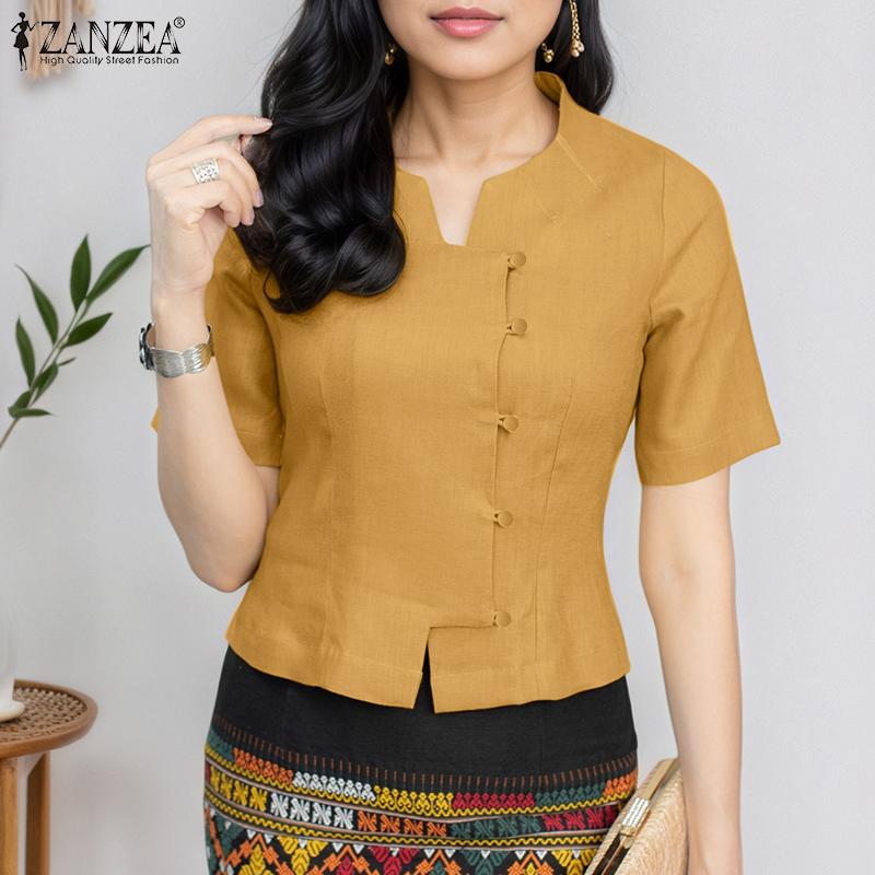 ZANZEA Women Summer V-Neck Solid Color Casual Short Sleeve Blouse