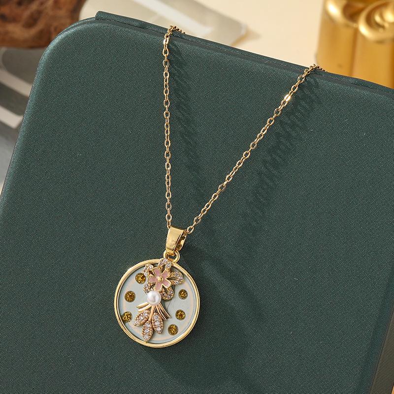 Monet-Inspired Flower Pendant Necklace, Hand-Painted, High-End Stainless Steel Clavicle Chain, New Chinese Style