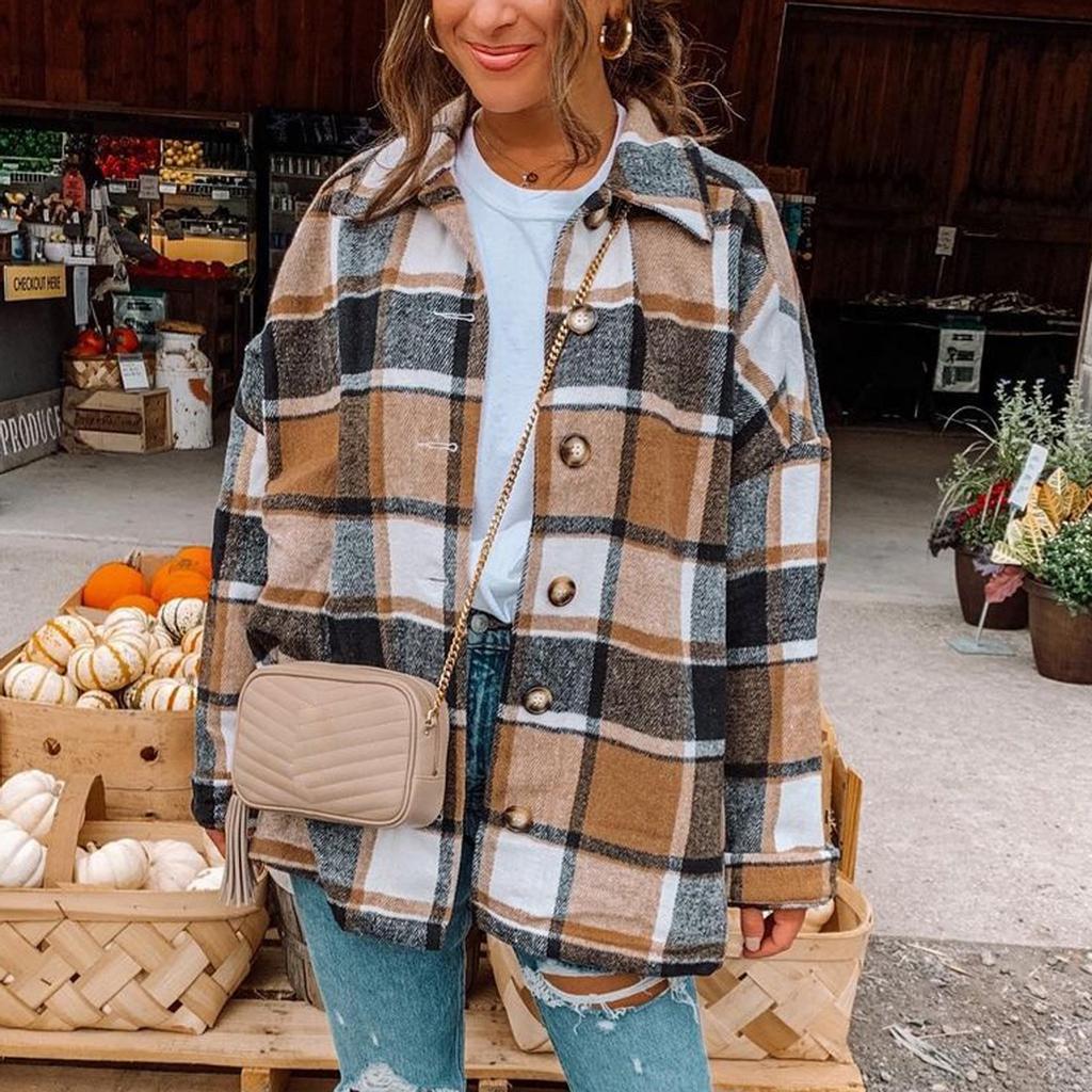 Women Fashion Lattice Lapel Button Casual Long Sleeve Loose Overcoat Coat