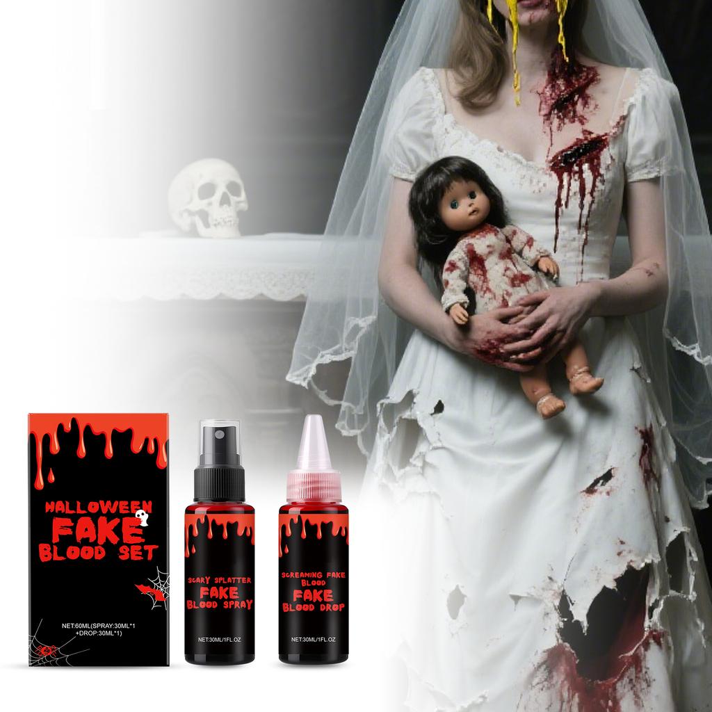 Halloween Simulation Fake Blood Set, Plasma Drop Spray Combination, Horror Makeup Special Effect Props,60ML