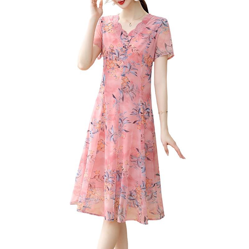 Chiffon Summer Midi Dress for Mothers: Stylish 2026 Short-Sleeve Slimming Fit Skirt