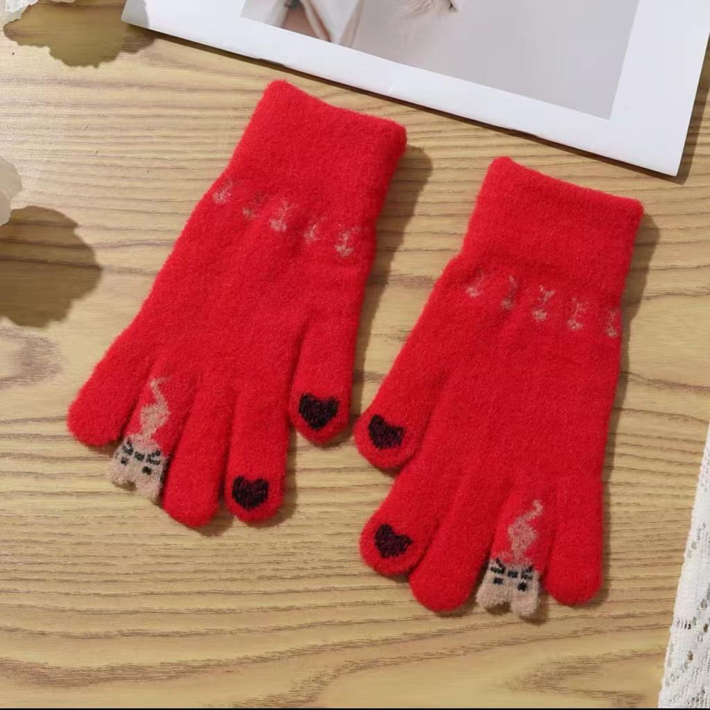 Cute Red Knitted Gloves for Women In Autumn and Winter with Velvet Fingers To Keep Warm for Students While Riding Windproof and Coldproof