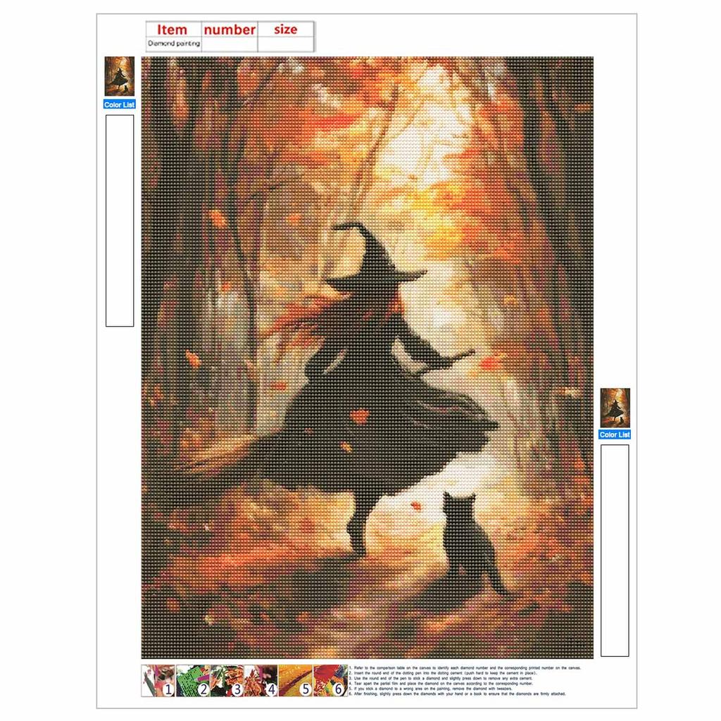 DIY Diamond Painting Kit Autumn Witch and Black Cat Pattern Full Drill Art Canvas Relaxing Creative Craft for Home Wall Decor Gift