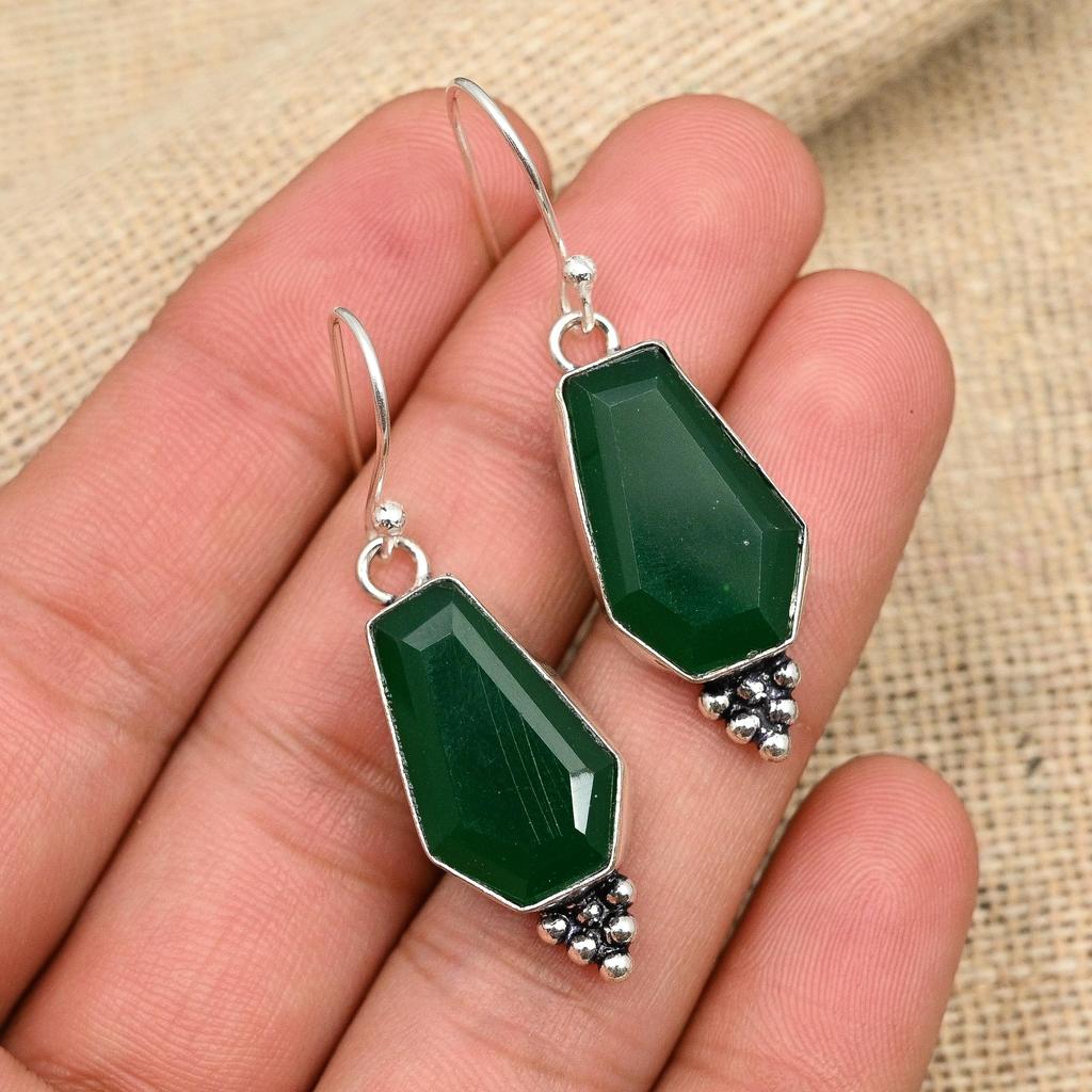 Faceted Green Onyx Gemstone Handmade 925 Sterling Silver Wedding Jewelry Earring