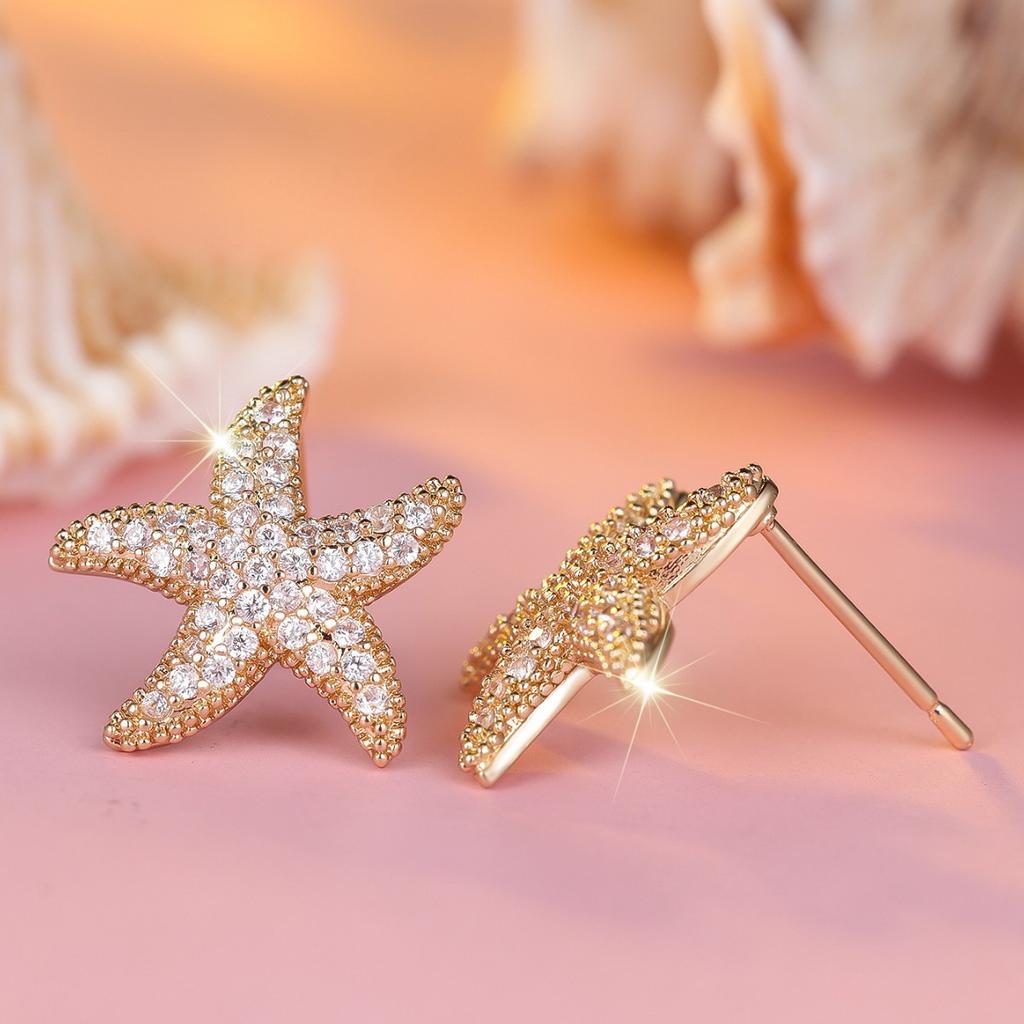 Cute Starfish Women Stud Earrings Gold Color Sweet Party Engagement Charming Accessories Inlaid Shiny CZ Chic Jewelry
