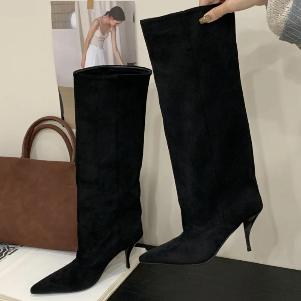 Fashion Vintage Thin Heels Women Knee High Boots Fashion Winter Sexy Pointed Toe Stripper Party Shoes Zapatos De Mujes