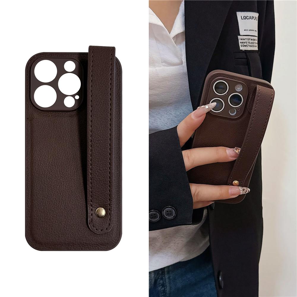 

Luxury Wrist Strap Holder Leather Case For iPhone 17 16 Pro Max 15 13 12 14 Plus Lens Protection Soft Silicone Shockproof Cover For iPhone 14 Pro