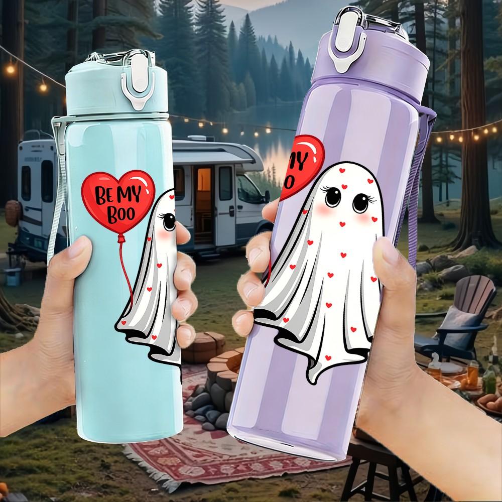1PC Single Ghost With Red Heart Print 750ml Color Plastic Sports Water Bottle Leakproof Flip Straw Lid Suitable for Sports Office Home Use