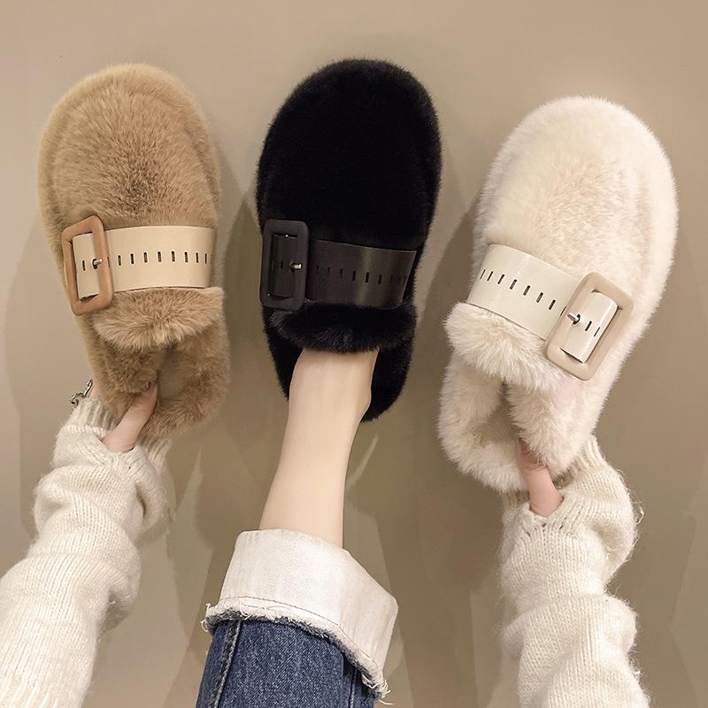Fashion High-end Fluffy Slippers Women's 2025 Autumn and Winter New Outer Wear Thick-soled Muffin Half-slippers Head-wrapped Cotton Slippers