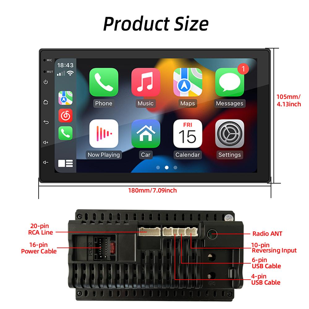 HIPPBQCC Car Radio Carplay Android Auto 7inch Multimedia Stereo Player HD Touch Screen Bluetooth 2 USB FM Mirror-Link Universal