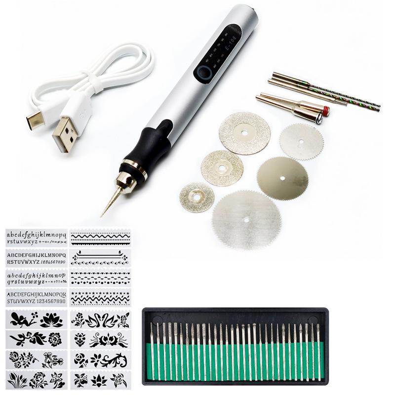 

E108 Rechargeable Mini Rotary Engraving Pen with Engraving Needle Drill Bit Set for Small Scale DIY Crafting Silver