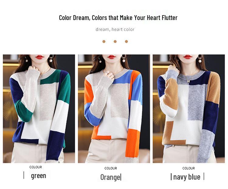Women's 100% Pure Wool Patchwork Sweater - Round Neck Knitwear for Autumn/Winter 2025