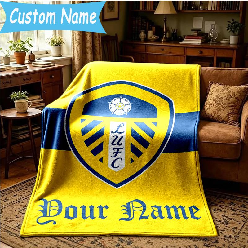 Custom Name Leeds United Crest Design Blanket Bedding Blanket for Women Men, Soft Throw Blankets for Couch,Bed, Picnic, Christmas Gifts