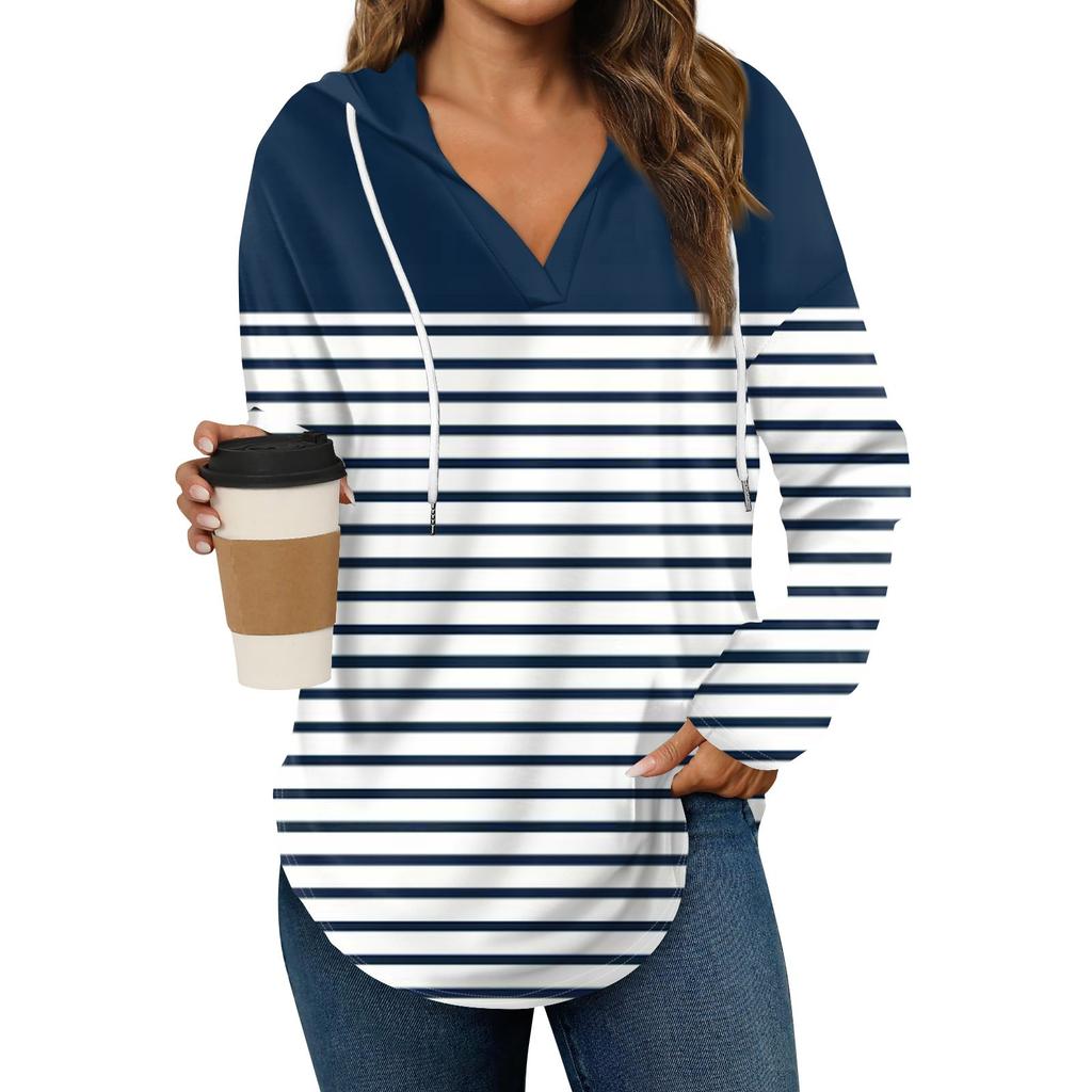 Damenmode Lässig V-Ausschnitt Kordelzug Bedrucktes Langarm-Oberteil