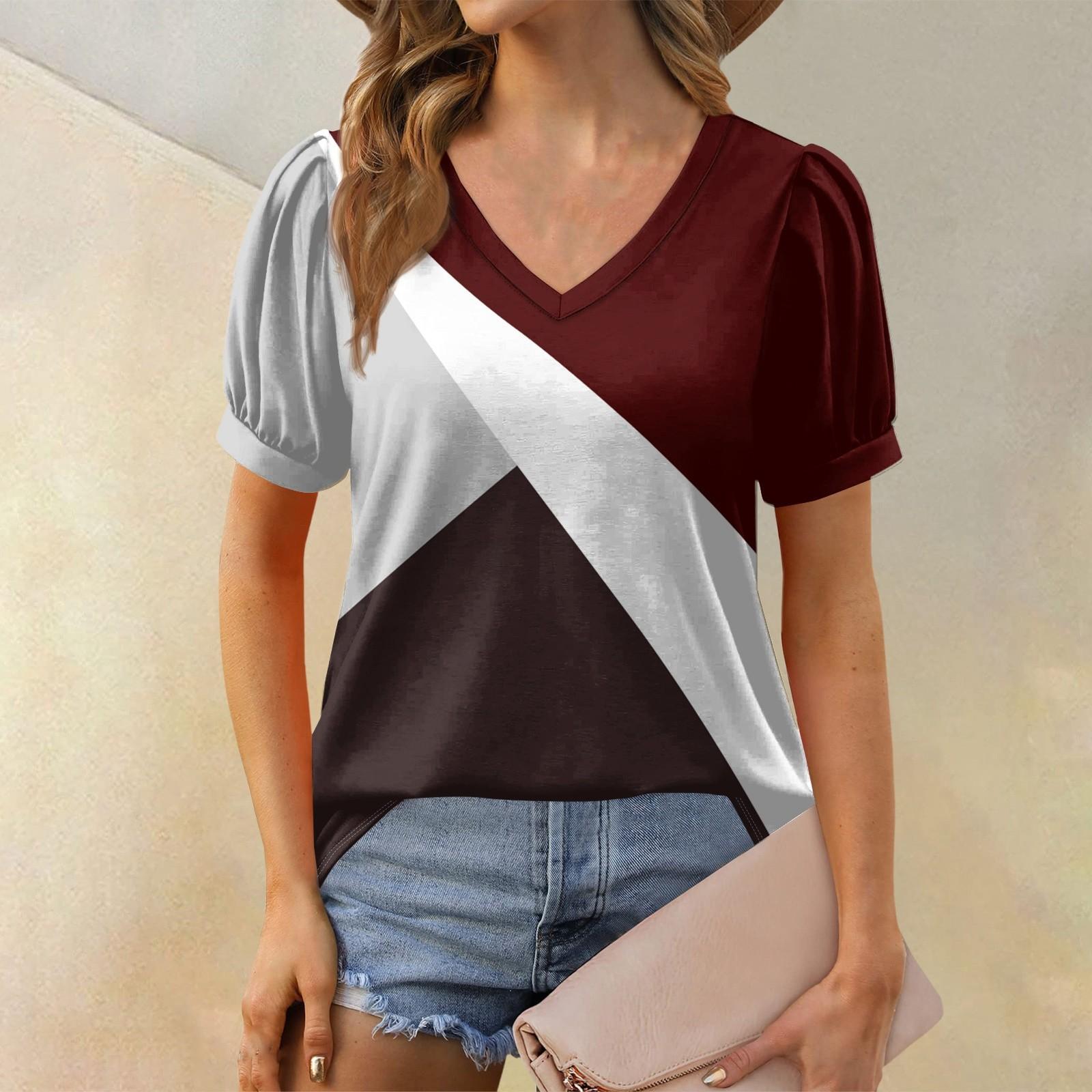 

Женская модная футболка с коротким рукавом и V-образным вырезом, с принтом в стиле пэчворк, с цветными блоками, свободная повседневная футболка XXXL винный