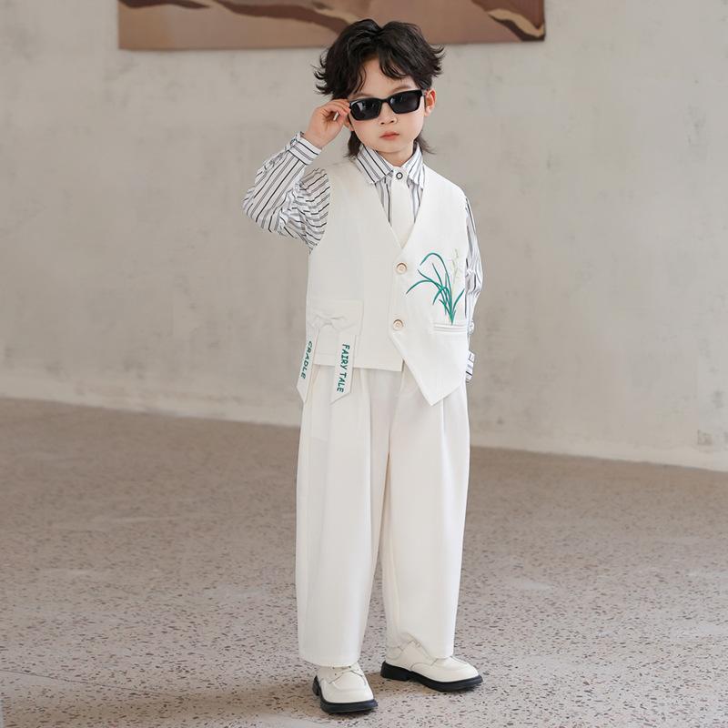 Kids Boys Chinese Style Formal Suit Set Orchid Embroidered Vest Striped Shirt Pants Gentleman Outfit for Wedding Birthday Party