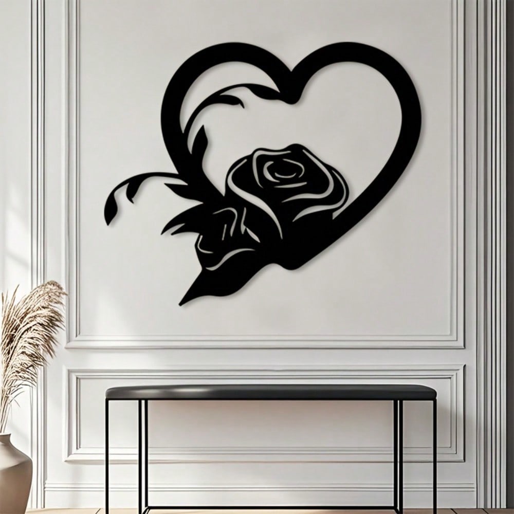 Vintage Black Iron Heart Rose Metal Wall Art for Bedroom Wedding Anniversary Home Decor