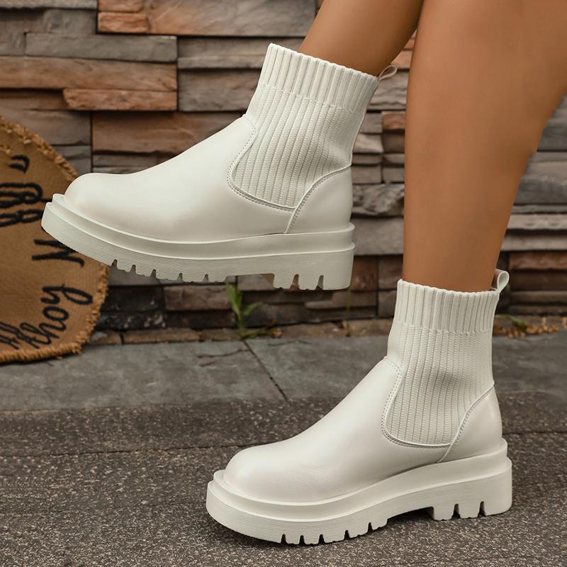 Fashion Women's Slip-On Chunky Platform Boots Knitted Patchwork Pu Leather Thick Sole Boots Woman Comfy Non Slip Chelsea Botas Mujer