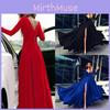 Damen Tiefer V-Ausschnitt Langarm Schlitz Ballkleid Kleid Elegant Brautjungfer Abend Maxi Kleid