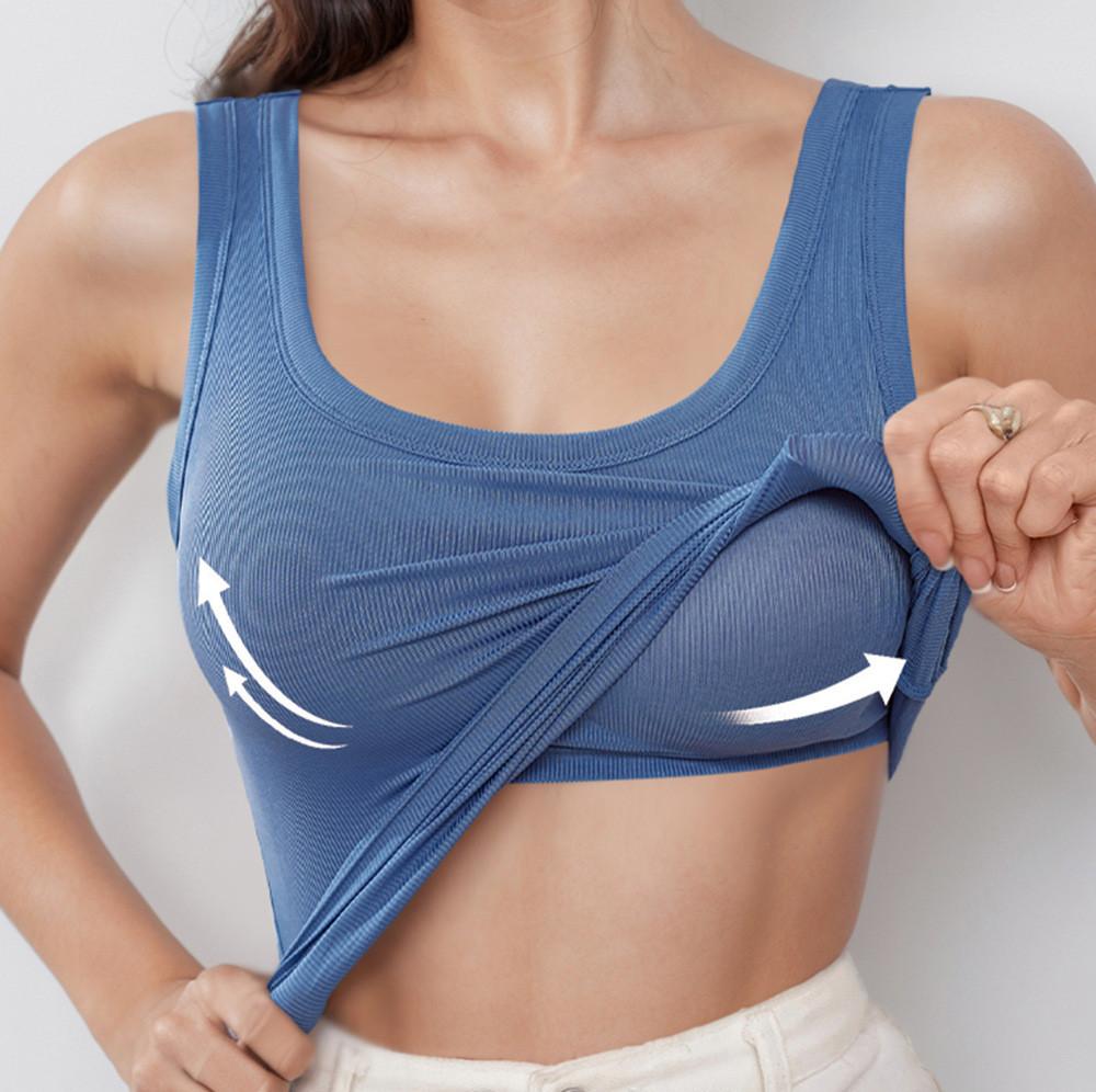 Nylon Spandex Solid Color Design Ladies Tank Top With Builtin Bra For Summer Casual Wear