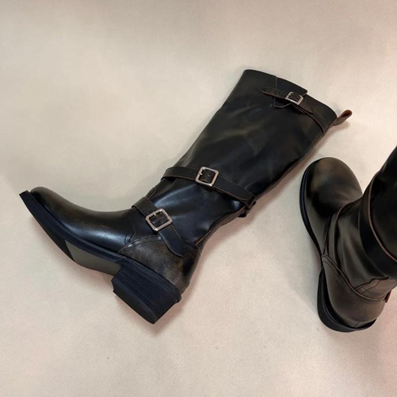 

Cowhide version belt buckle polished western boots women s leather pleated knight boots color matching thin boots 40