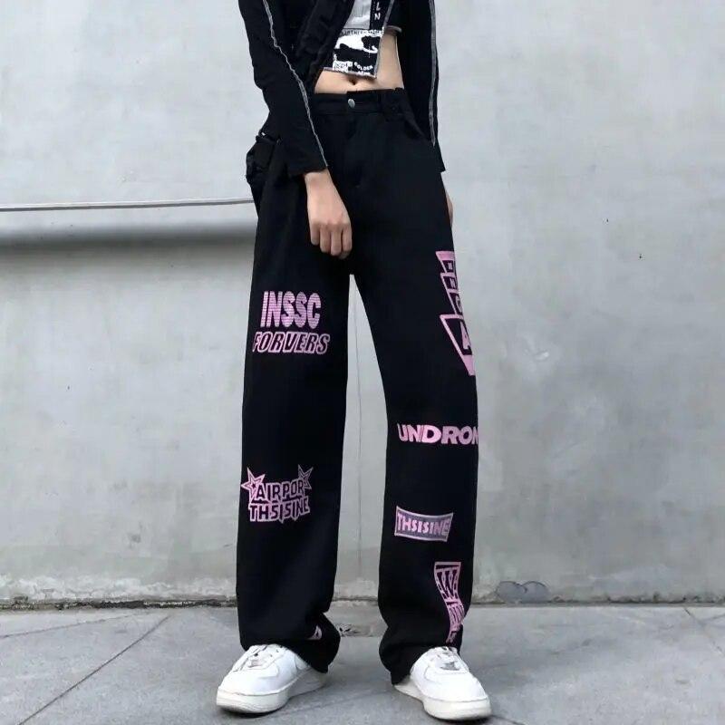 Streetwear Vintage frauen Schwarze Jeans Frühling Herbst Neue Hosen Hip Hop Mode Brief Drucken Lose Breite Bein Casual Hosen 2023