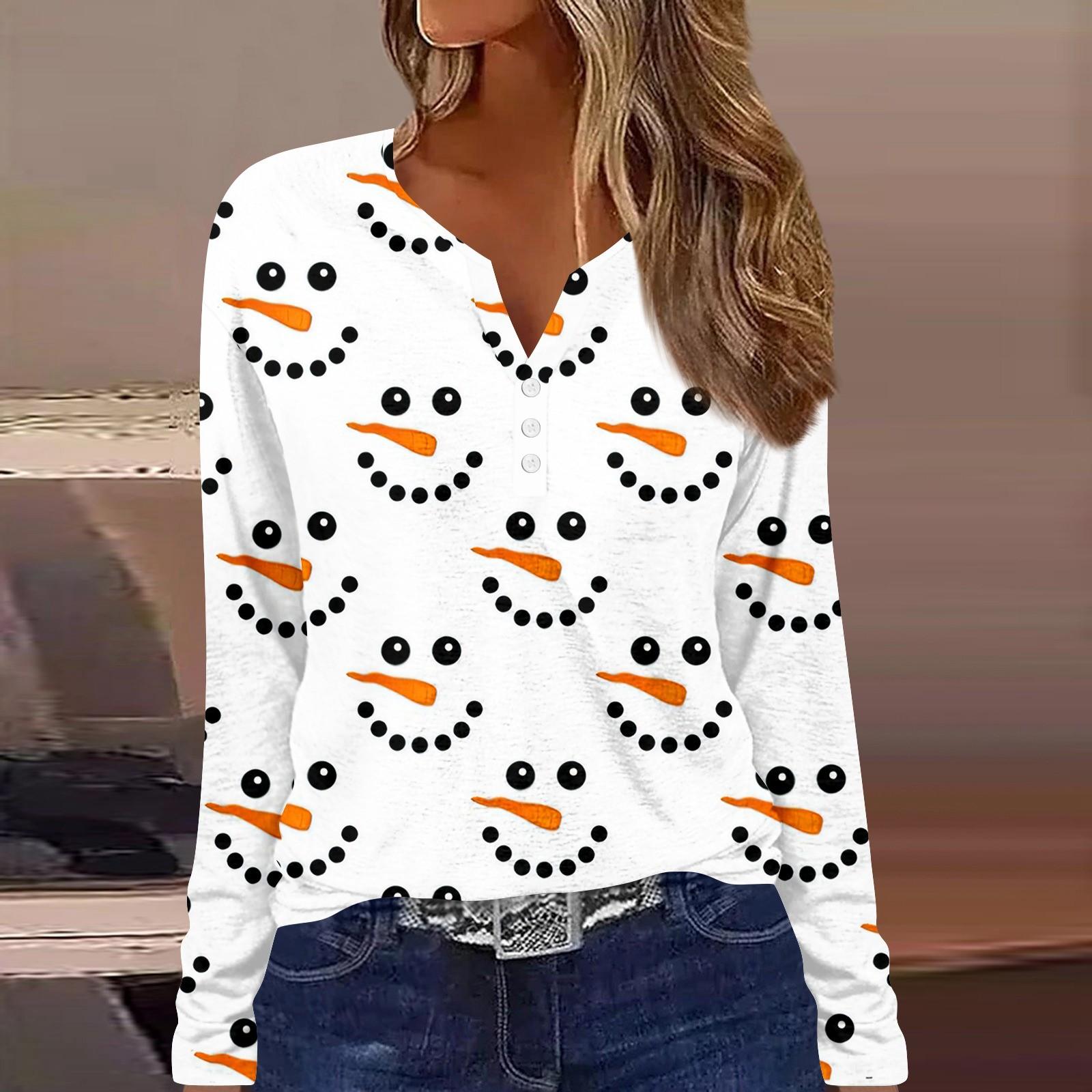 

Женская мода повседневная цветочная рождественская печать V-образный вырез с длинными рукавами на пуговицах с длинными рукавами топ S белый