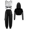 Kids Girls Street Dance Outfit 3Pcs: Sequins Criss-cross Waist Vest & Metal Chain Pocket Pants with Sheer Mesh Long Sleeve Hoodie for Performance