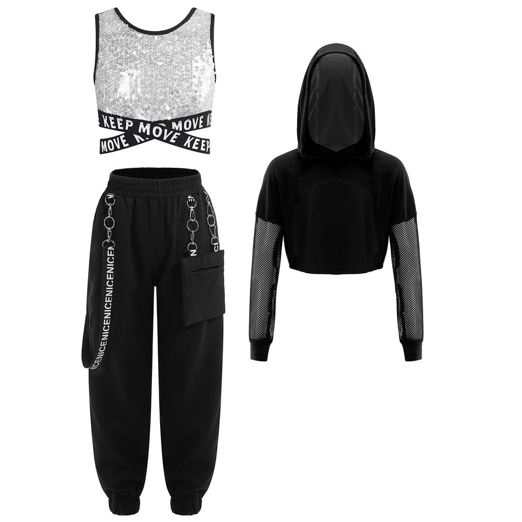 Kids Girls Street Dance Outfit 3Pcs: Sequins Criss-cross Waist Vest & Metal Chain Pocket Pants with Sheer Mesh Long Sleeve Hoodie for Performance