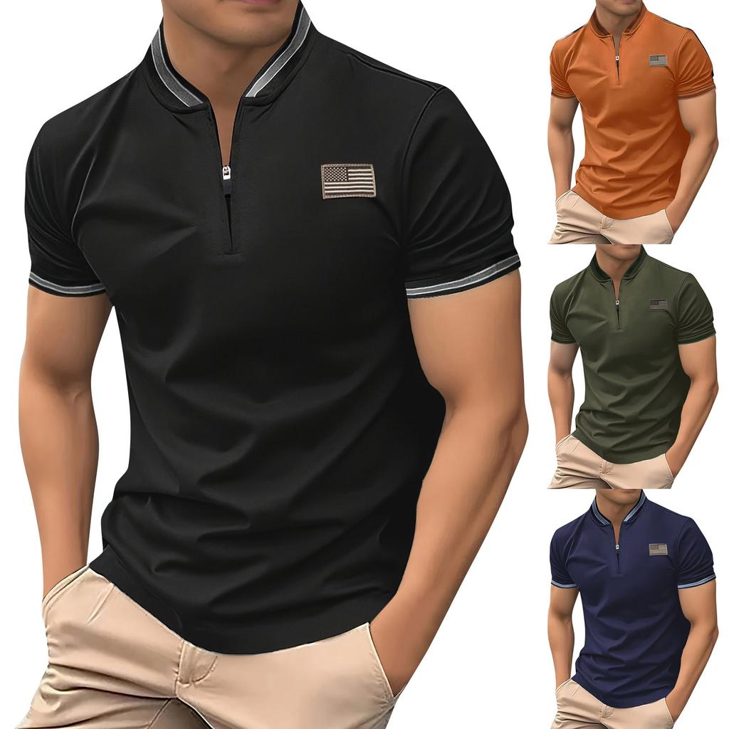 Men's T-shirt With Stand Up Collar And American Flag Sticker Large Size Half Zip Collar And Short Sleeves