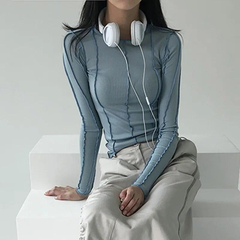 Tricouri cu coaste de modă coreeană Tricouri subțiri cu mâneci lungi șic, haine de designer Kpop, topuri solide, strânse, Y2k