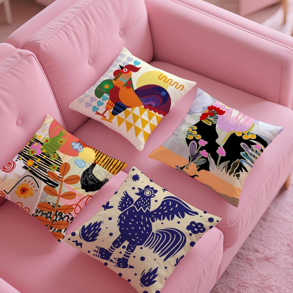 Rooster Doodle Art Pillow Case Silky Short Plush With Invisible Zipper Dustproof Sofa Cushion Cover For Home Decor