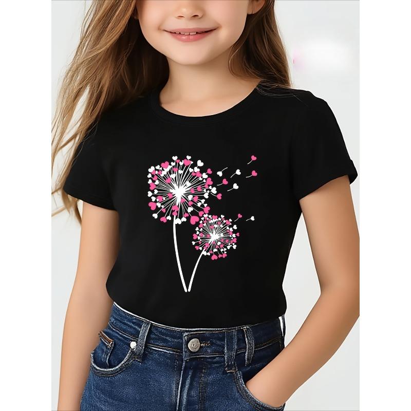 European sizes Love Dandelion" Letter/cartoon Print, Girls' Short-sleeve T-shirt, Cool and Breathable for Spring/summer Wear