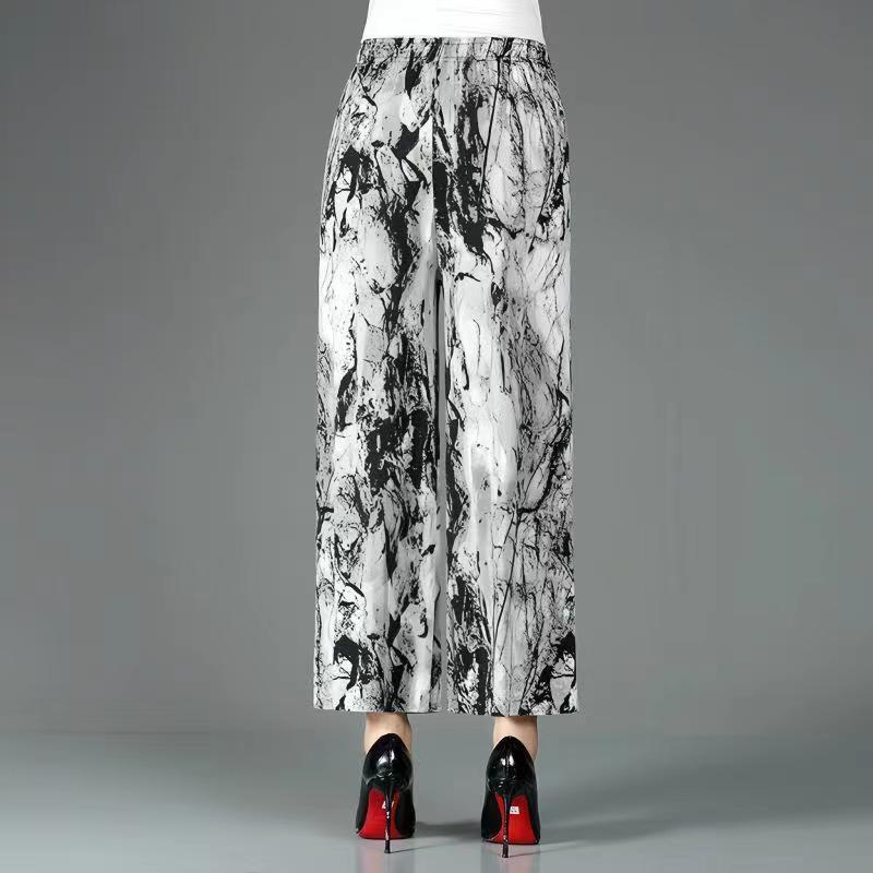 Ice Silk Wide Leg Pants Women Summer High Waist Middle-Aged and Elderly Ladies Trousers Dyed Gradient Painting Pants