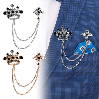 Men Suit Coat Brooch Rhinestone Crown Brooch Tassel Lapel Pin Badge Formal Occasion Business Corsage Clothes Jewelry