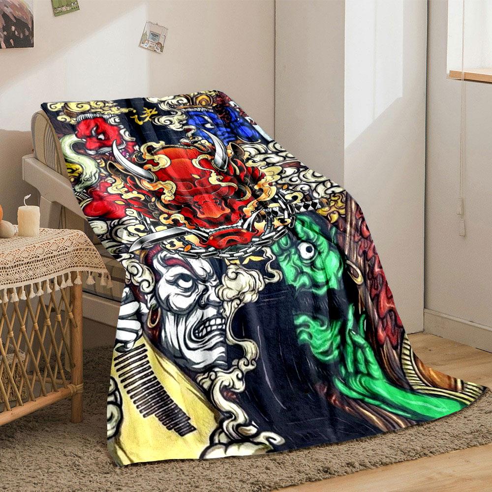 Japanese Style Oni Mask Clouds Blanket Bedroom Blanket for Livingroom Couch Lunch Break Soft Throw for Friend's Festival Gift