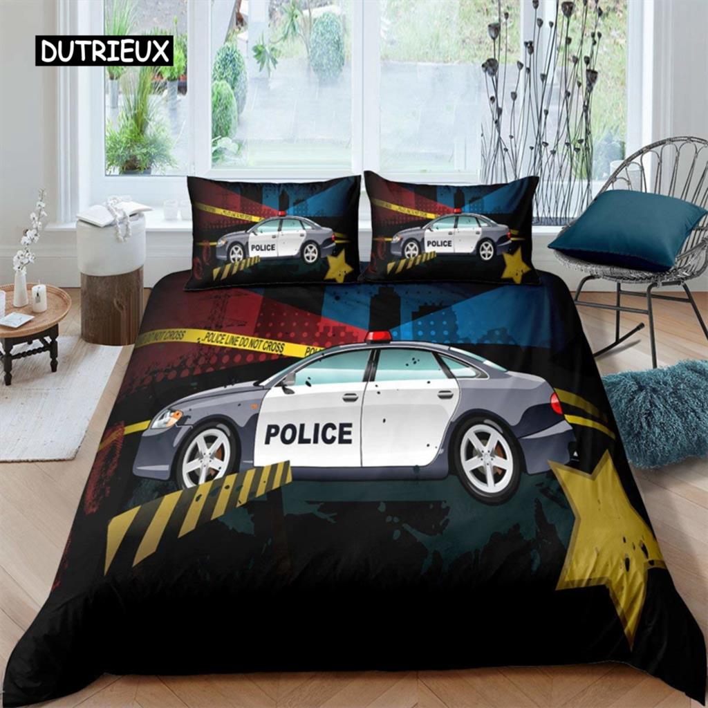 Polizeiauto Bettbezug Cartoon Auto Blaulicht Bettwäscheset Kinder Jungen Blau Grau Einsatzfahrzeuge Polyester Deko