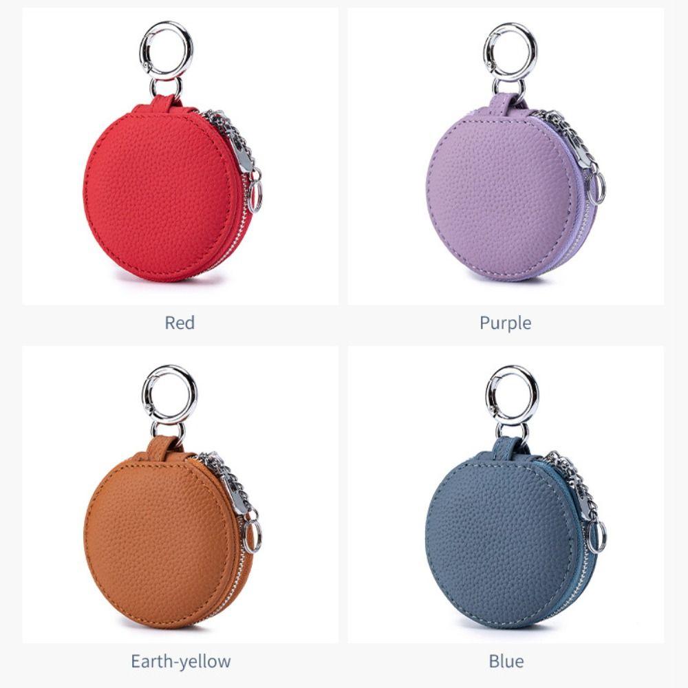 Genuine Leather Coin Purse Bag Pendant Decor With Mirror Round Wallet Keychain Zipper Closure Lipstick Storage Bag Bluetooth