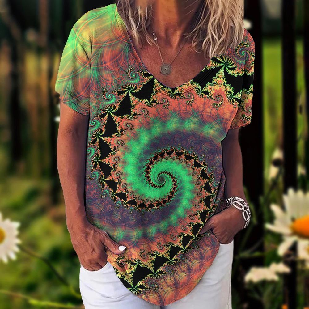Summer Women's T-Shirt Bohemia Ethnic Style Short Sleeve Tees Fashion V-neck Loose Tops Daily