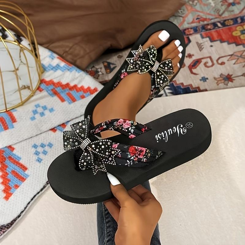 [Rhinestone Flip-Flops] Sparkling Black Rhinestone Women's Flip-Flops | Slip-On Comfort with EVA Cushioned Sole, Casual Sandals for All-Season Wear