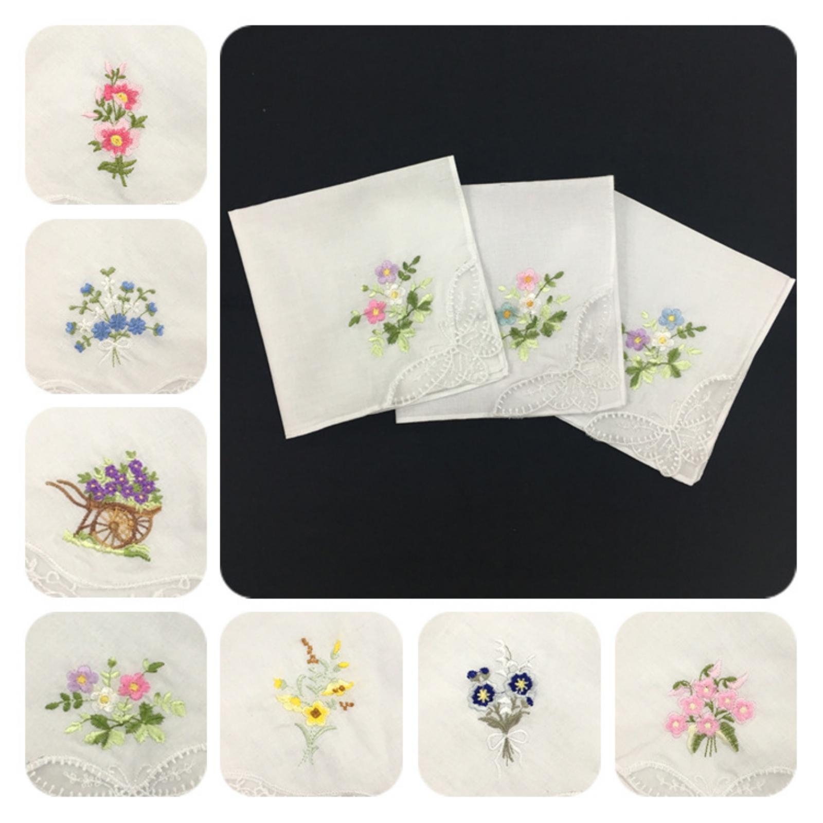 Set of 3 Cotton Handkerchiefs 60s Yarn Embroidered Floral Lace Edges Ladies Handkerchiefs 28cm Square Soft Fabric one size