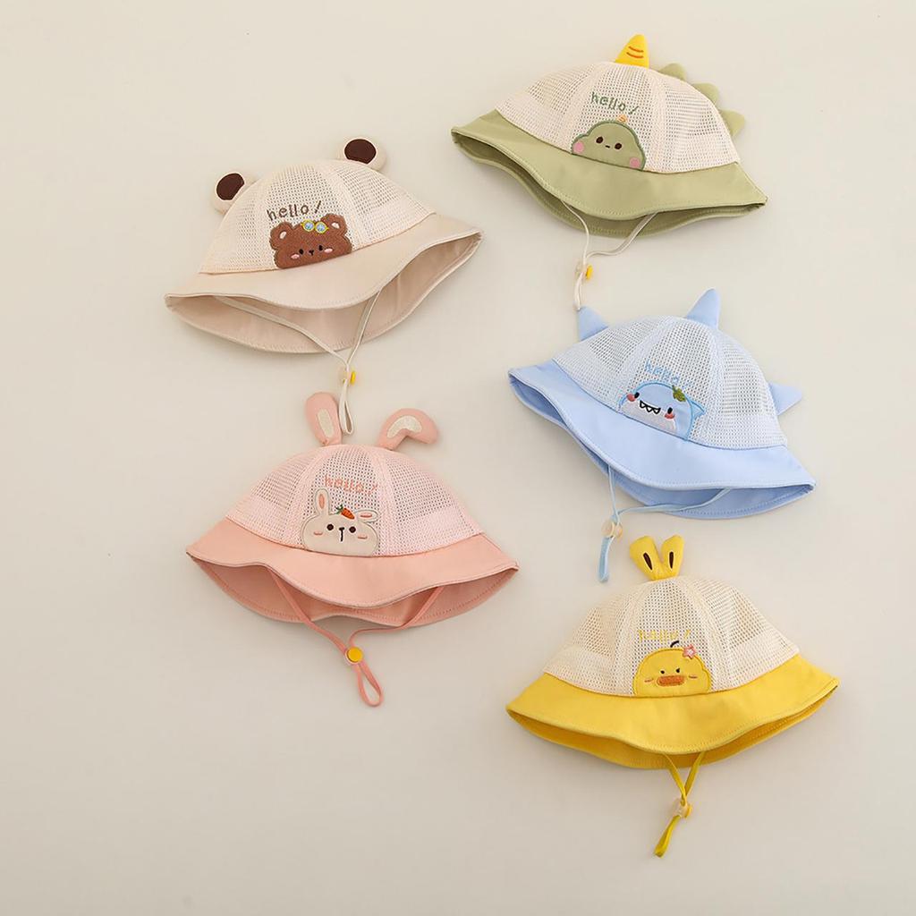 Cute Cartoon Bear Baby Bucket Hat Summer Mesh Breathable Baby Boys Girls Sunshade Cap Toddler Kids Lacing Panama Basin Cap