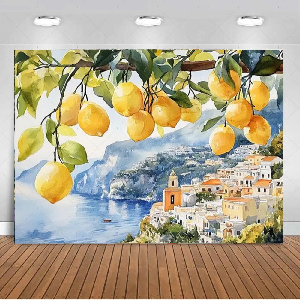 Seaside Town Lemon Tree Background Banner Open Window Landscape Backdrop Supplies Photography Prop Birthday Party Decorations