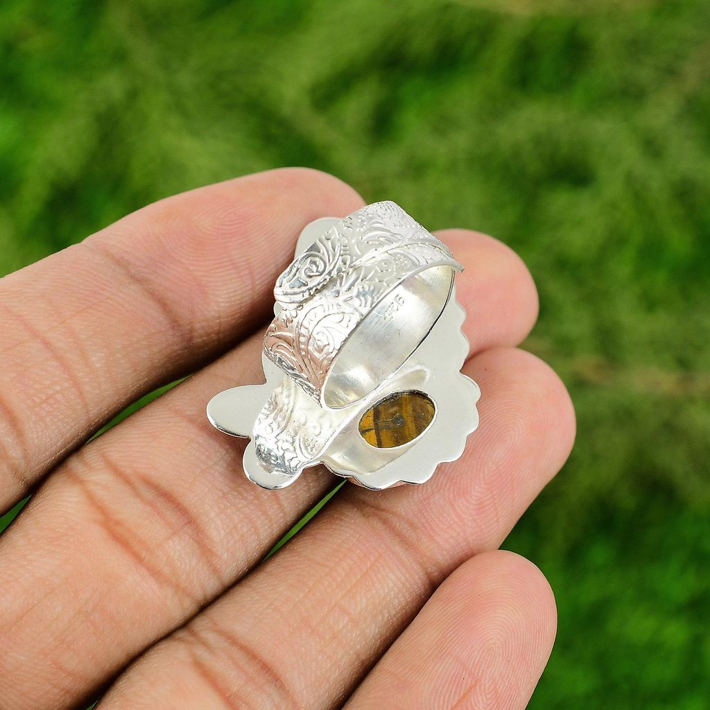 Natural TigerS Eye Gemstone 925 Silver Stackable Adjustable Ring For Girls