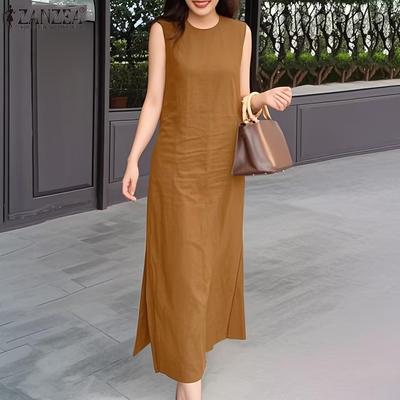 Lässiges, ärmelloses, langes Kleid mit O-Ausschnitt und Schlitz am Saum für Damen