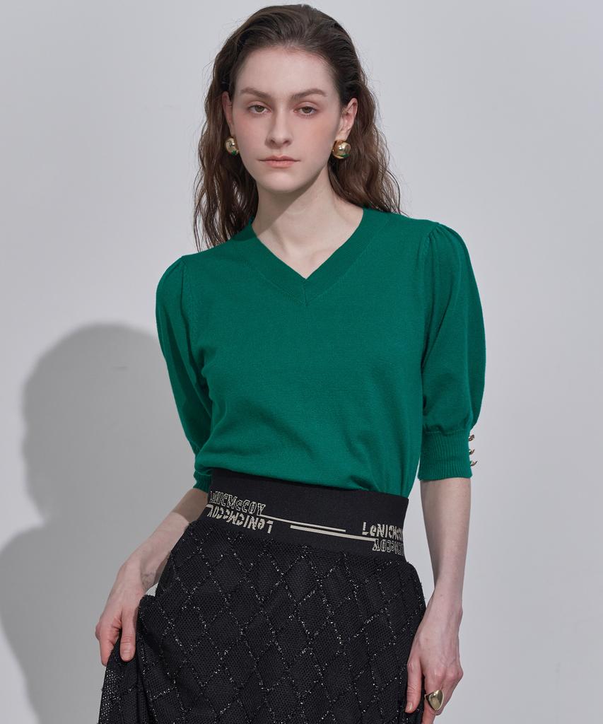 LENIC&MCCOY Daily Sleeve Button Detail V-Neck Knit Mm10Kn001Fcy