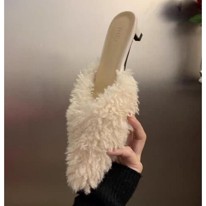 Luxury Kitten Heel Furry Mule Slides Women Rose Pink Sexy Slippers Ladies Pointy Toe Stiletto Plush Sandals Winter Party Shoes