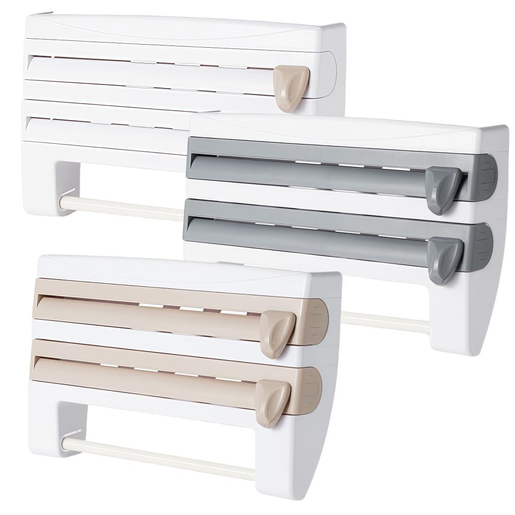 Space Saving 3 In 1 Film Organizer with Cutter for Aluminum Foil Plastic Wrap and Paper Towel Holder with Smooth Roll Dispensing