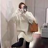New solid color simple turtleneck hem slit thick pullover sweater for women, warm layered knit sweater